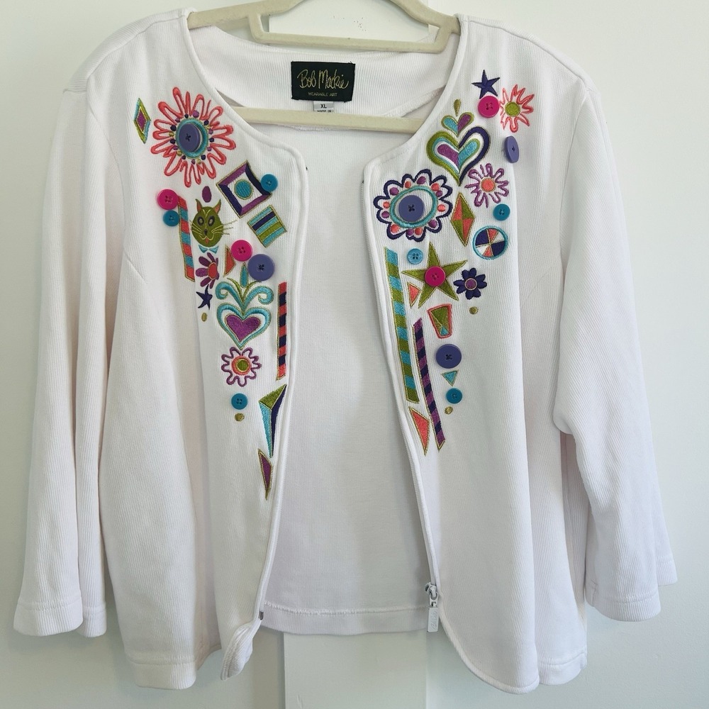 Women's Bob Mackie Wearable Art Zip Jacket, 3/4 Sleeves, Colorful, Cotton, Sz XL - Picture 2 of 10